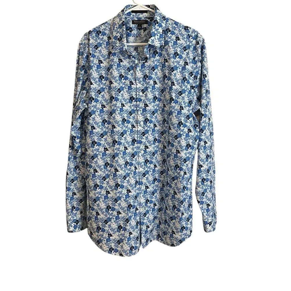 Banana Republic Slim Non-Iron ‎ Blue Floral Cotton Men's Long Sleeve Shirt Large